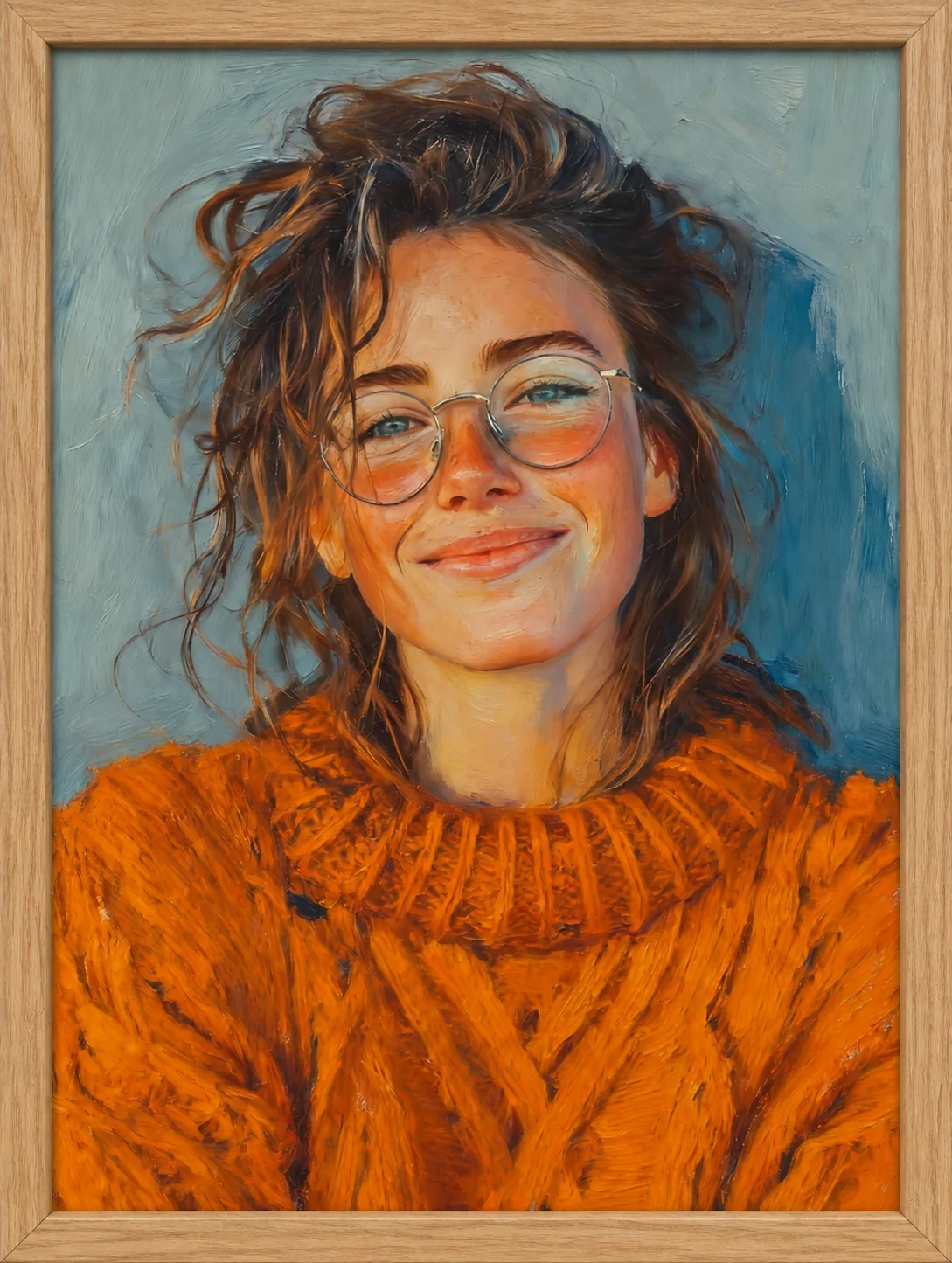 Oil painting of a smiling woman in an orange sweater — illustrative example.