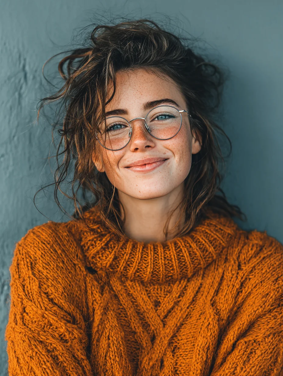 Photo of a smiling woman in an orange sweater — illustrative example.