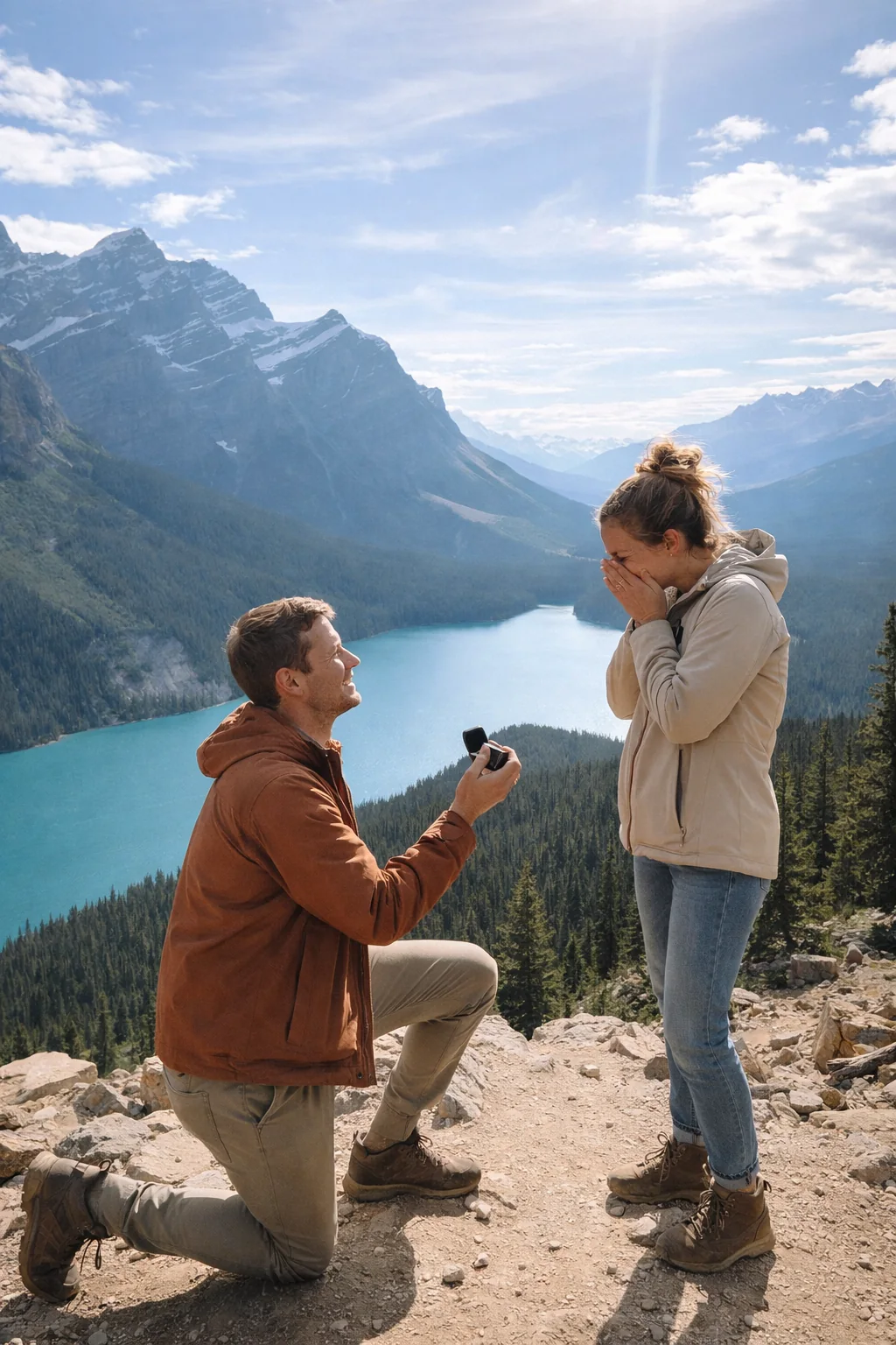 Photo of a proposal above a mountain lake — illustrative example.