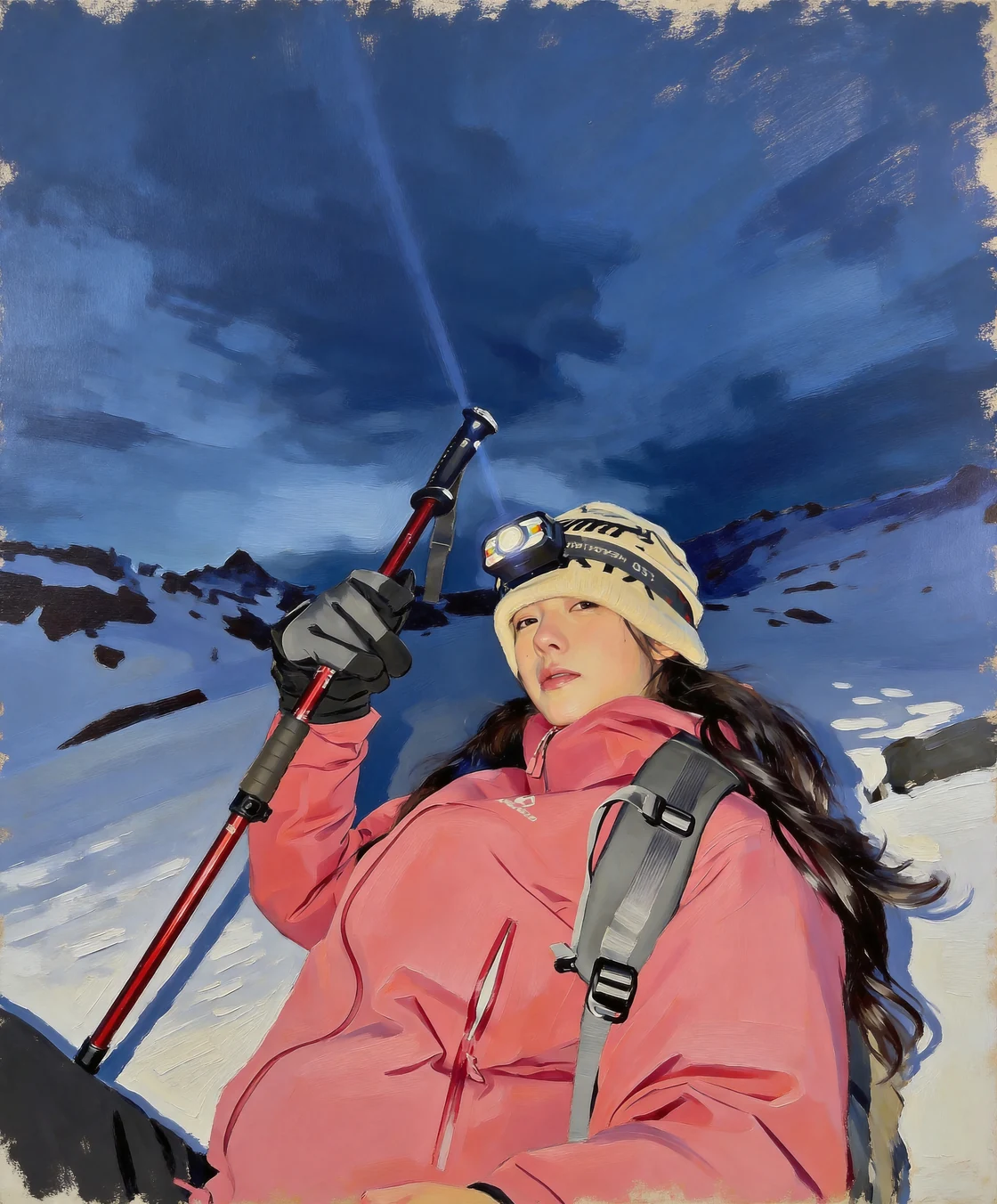 Oil painting of a mountain hiker in a pink jacket beneath a blue evening sky — illustrative example.
