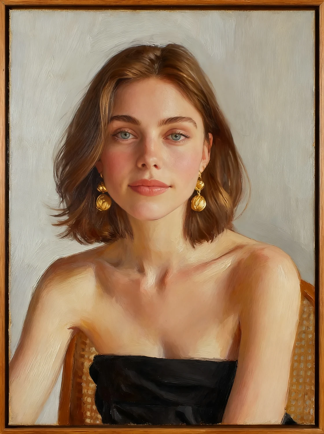 Oil painting of a short-haired woman in a black dress — illustrative example.