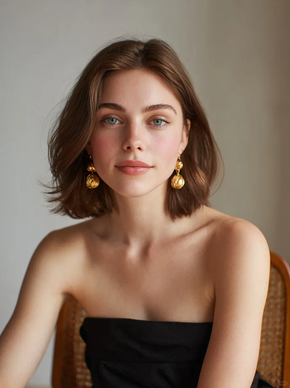 Photo of a short-haired woman in a black dress — illustrative example.