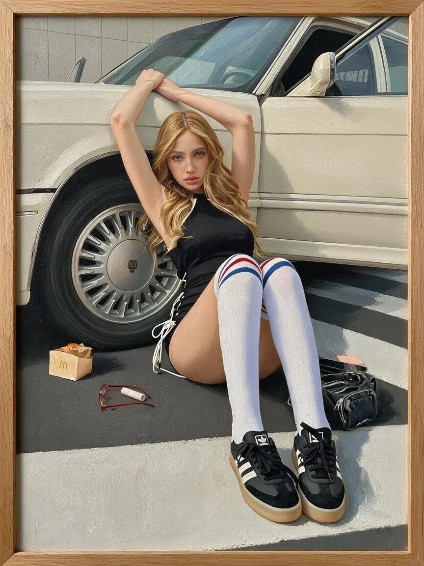 Oil painting of a woman sitting beside a white car — illustrative example.