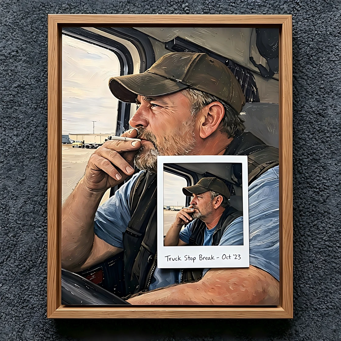 Oil painting of a man in a cap sitting beside a vehicle window — illustrative example.