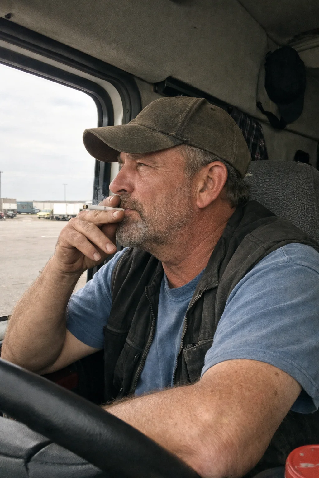 Photo of a man in a cap sitting beside a vehicle window — illustrative example.