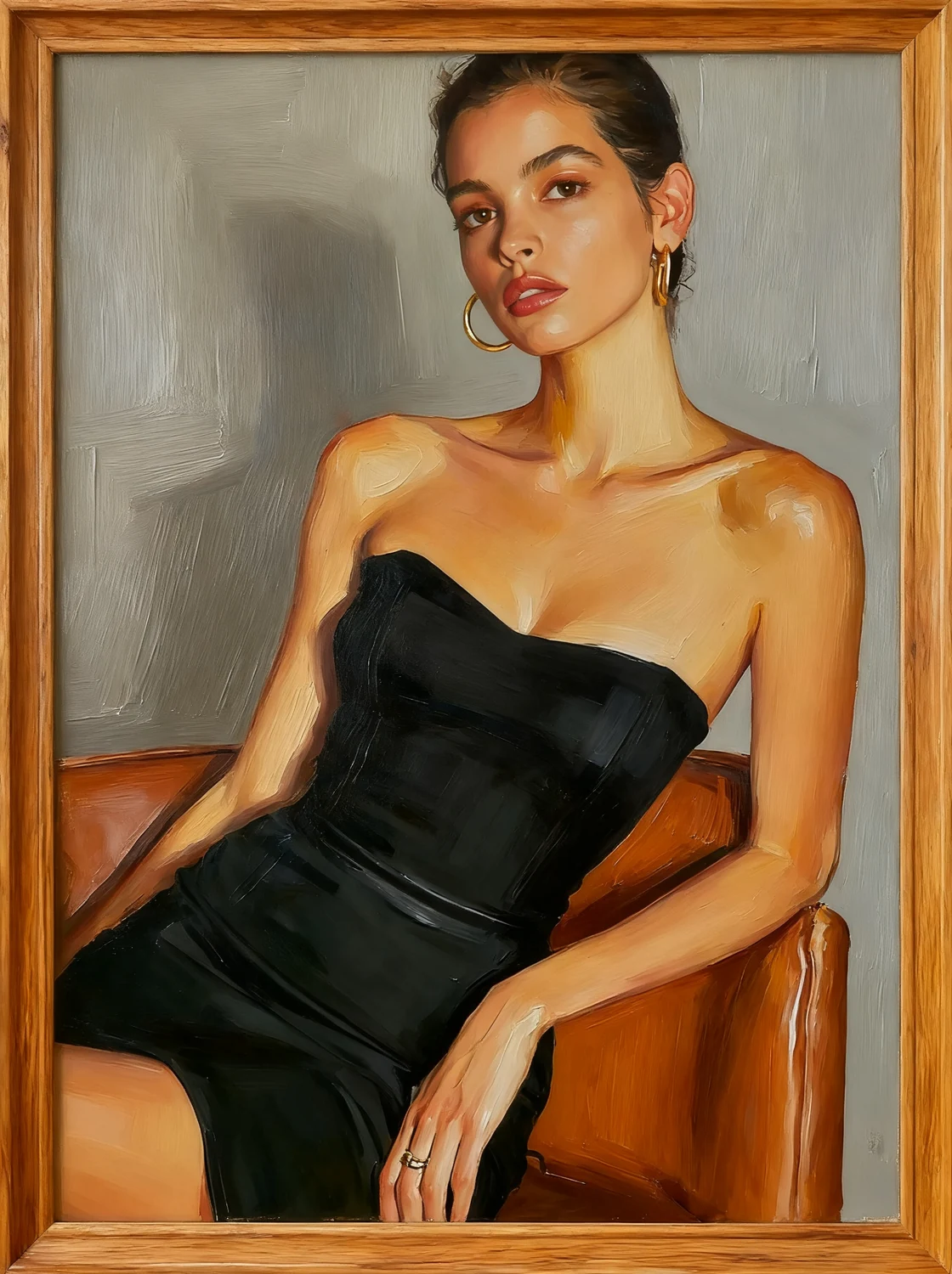 Oil painting of a seated woman in an elegant black dress — illustrative example.