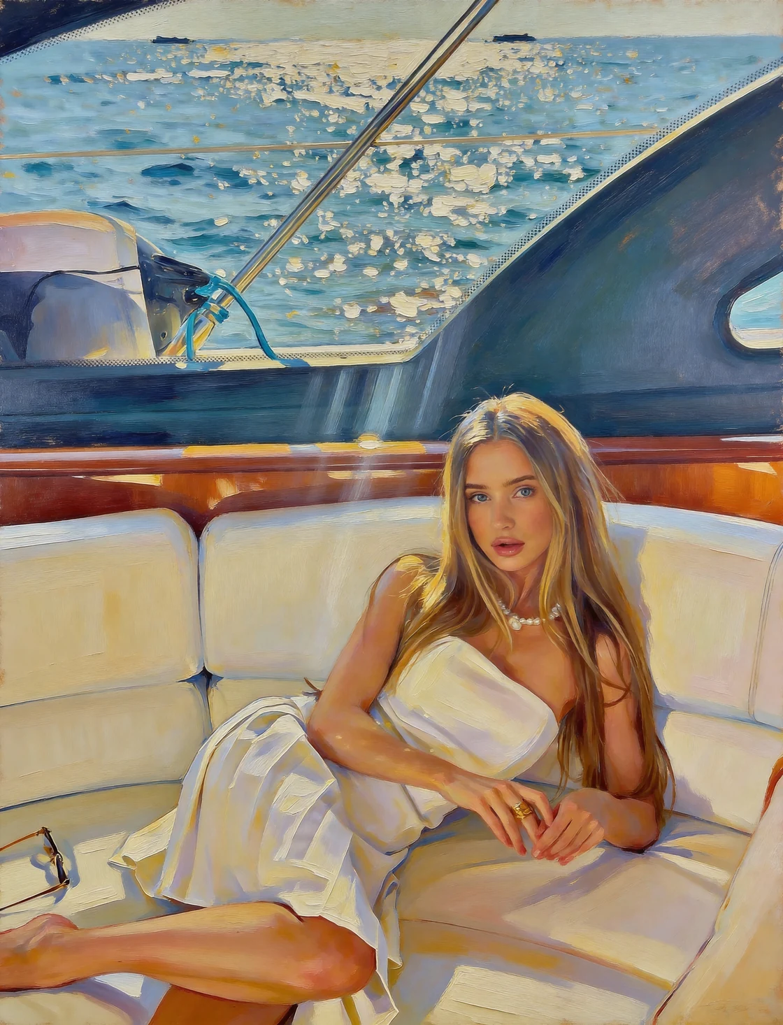 Oil painting of a woman resting on a sunlit boat — illustrative example.