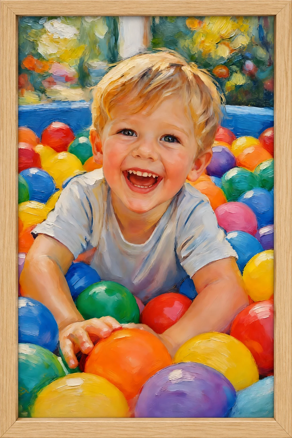 Oil painting of a laughing child surrounded by colorful balls — illustrative example.
