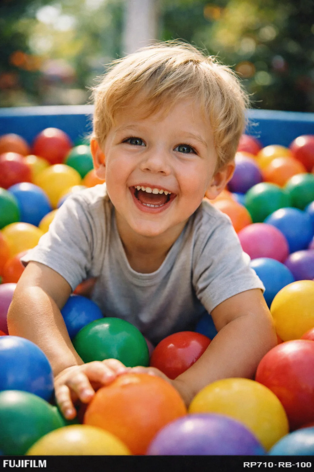 Photo of a laughing child surrounded by colorful balls — illustrative example.