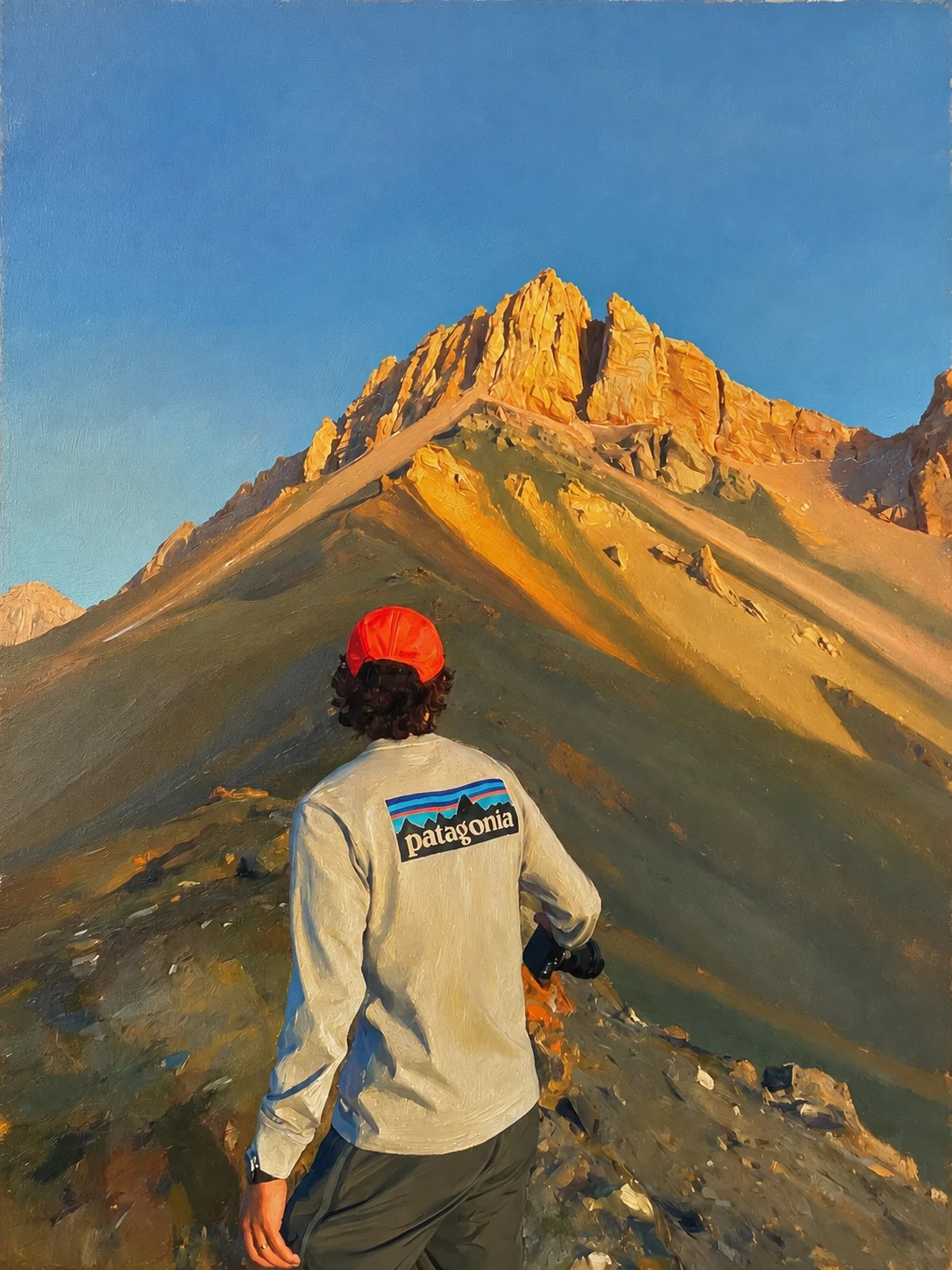 Oil painting of a hiker in a red cap facing golden mountain peaks — illustrative example.