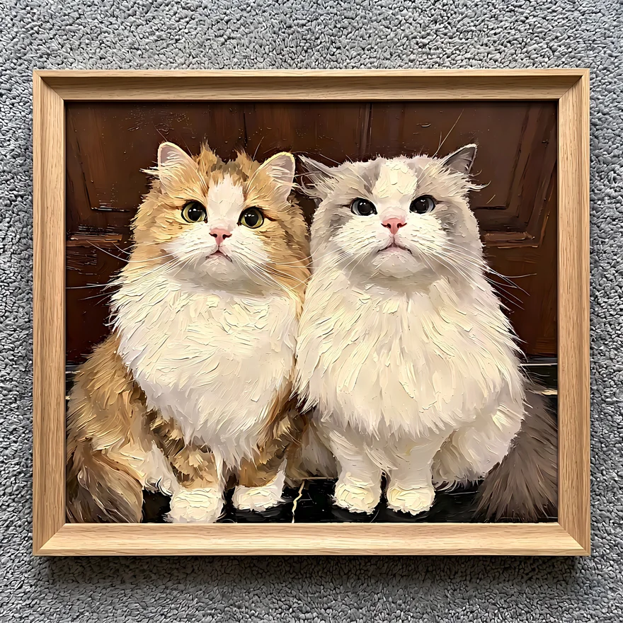 A framed oil portrait concept of two long-haired cats; illustrative example