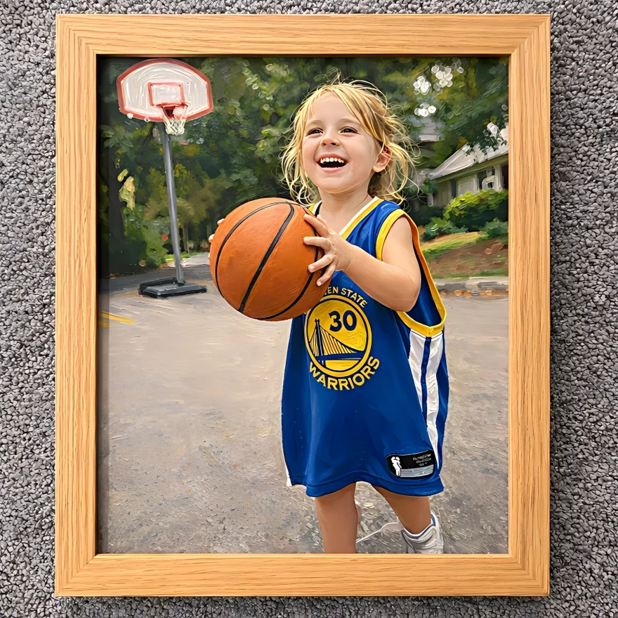 A framed oil portrait concept of a child holding a basketball; illustrative example