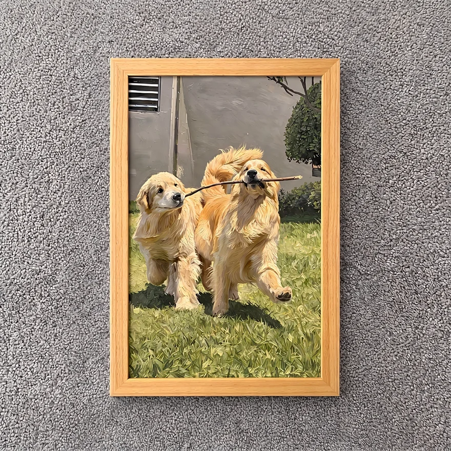A framed oil portrait concept of two golden retrievers sharing a stick; illustrative example