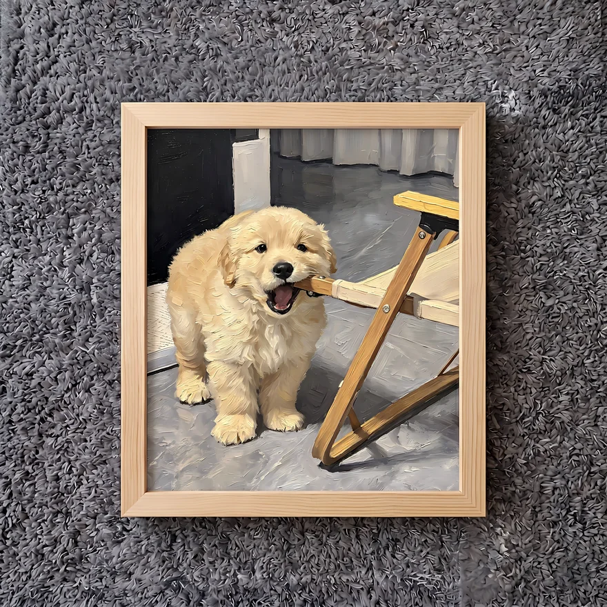 A framed oil portrait concept of a golden puppy beside a stool; illustrative example