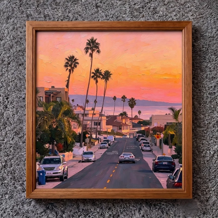 A framed oil painting concept of a palm-lined street at sunset; illustrative example