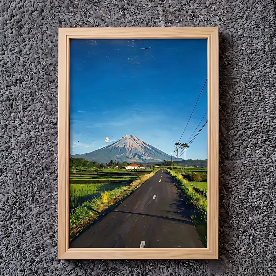 A framed oil painting concept of a road toward Mount Fuji; illustrative example