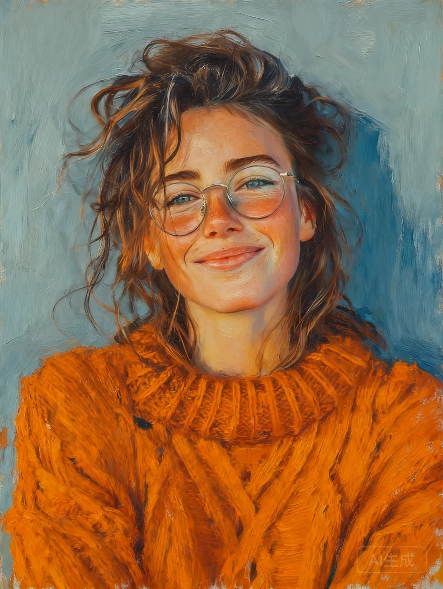 Portrait illustration of a smiling woman wearing glasses and an orange sweater; illustrative example