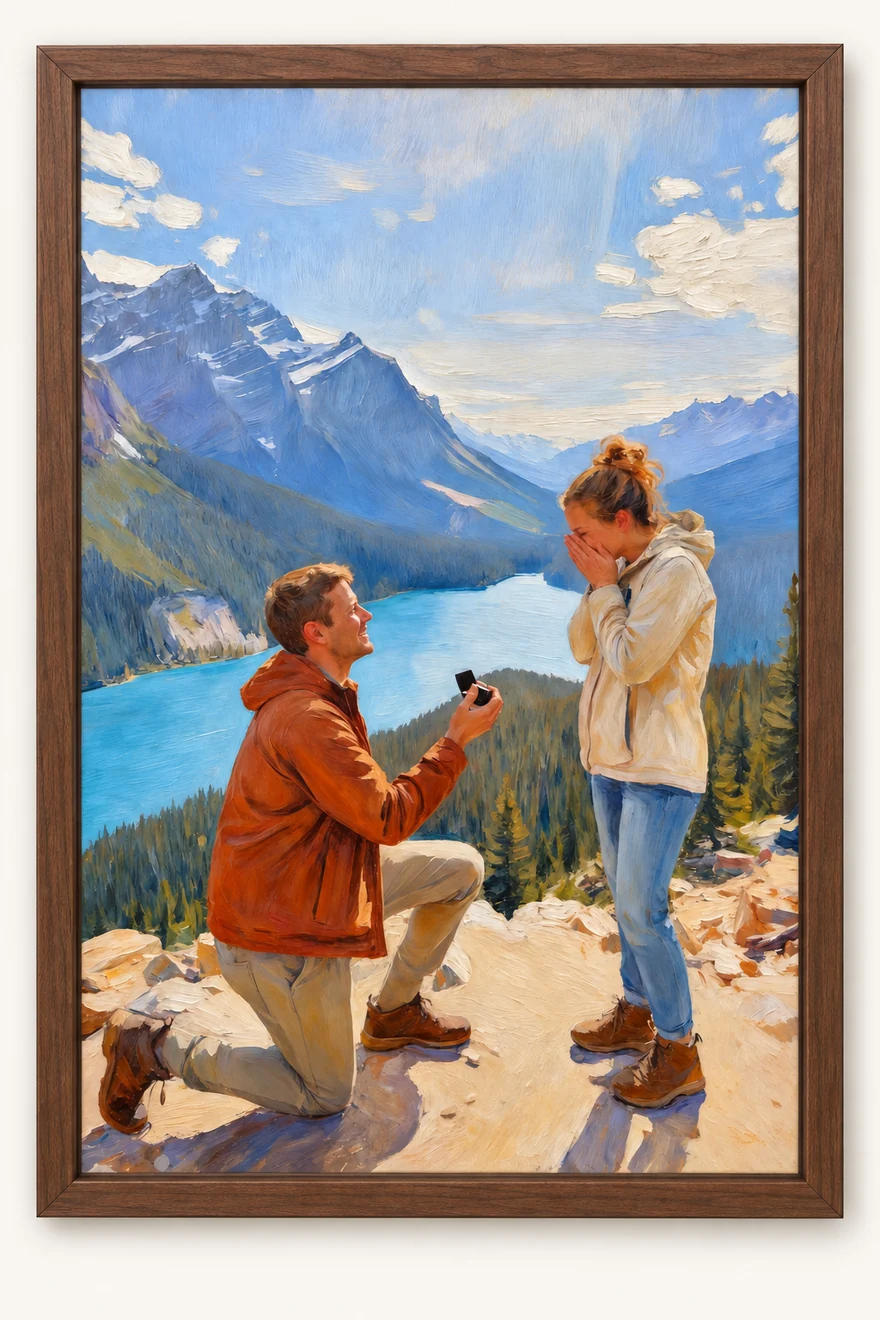 Mountain proposal oil painting in a walnut-brown wooden frame; illustrative example