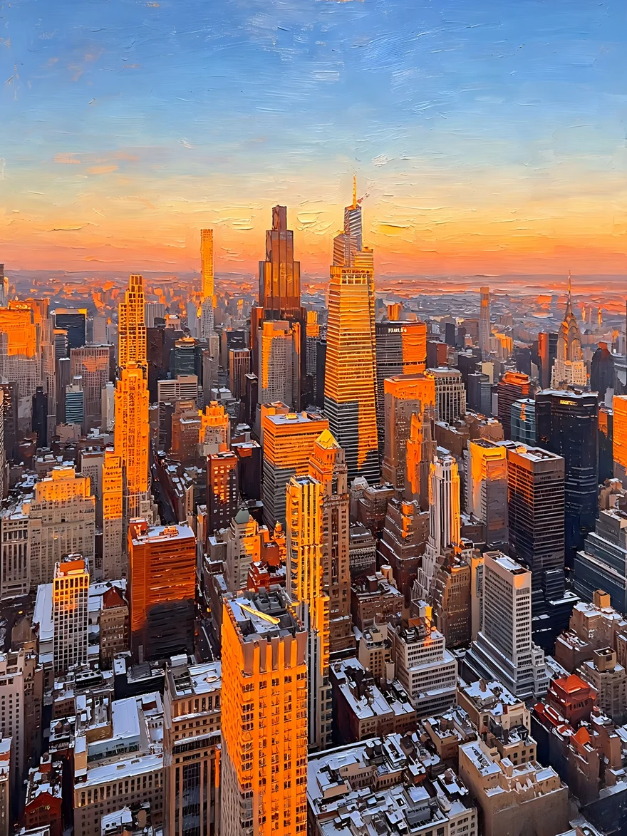 Painting illustration of a city skyline glowing in the evening sun; illustrative example