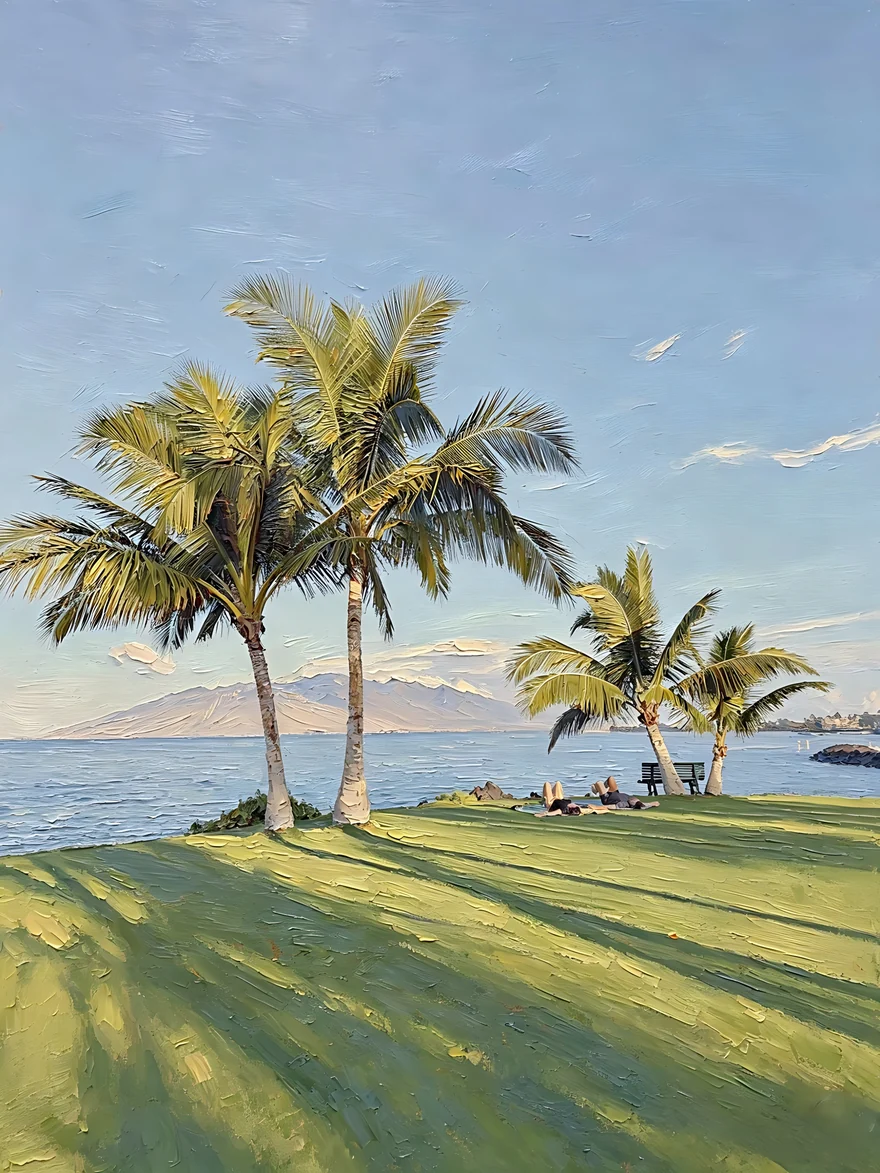 Painting illustration of palm trees beside a quiet blue sea; illustrative example