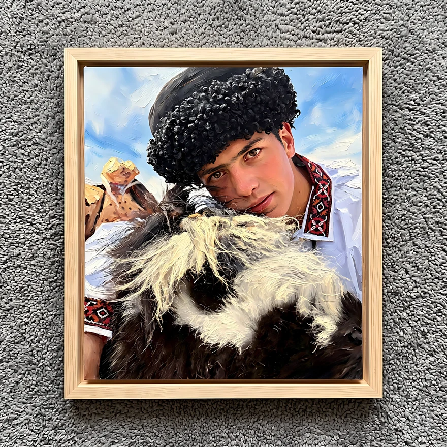 Framed portrait illustration of a young man in a dark hat beside a long-haired animal; illustrative example