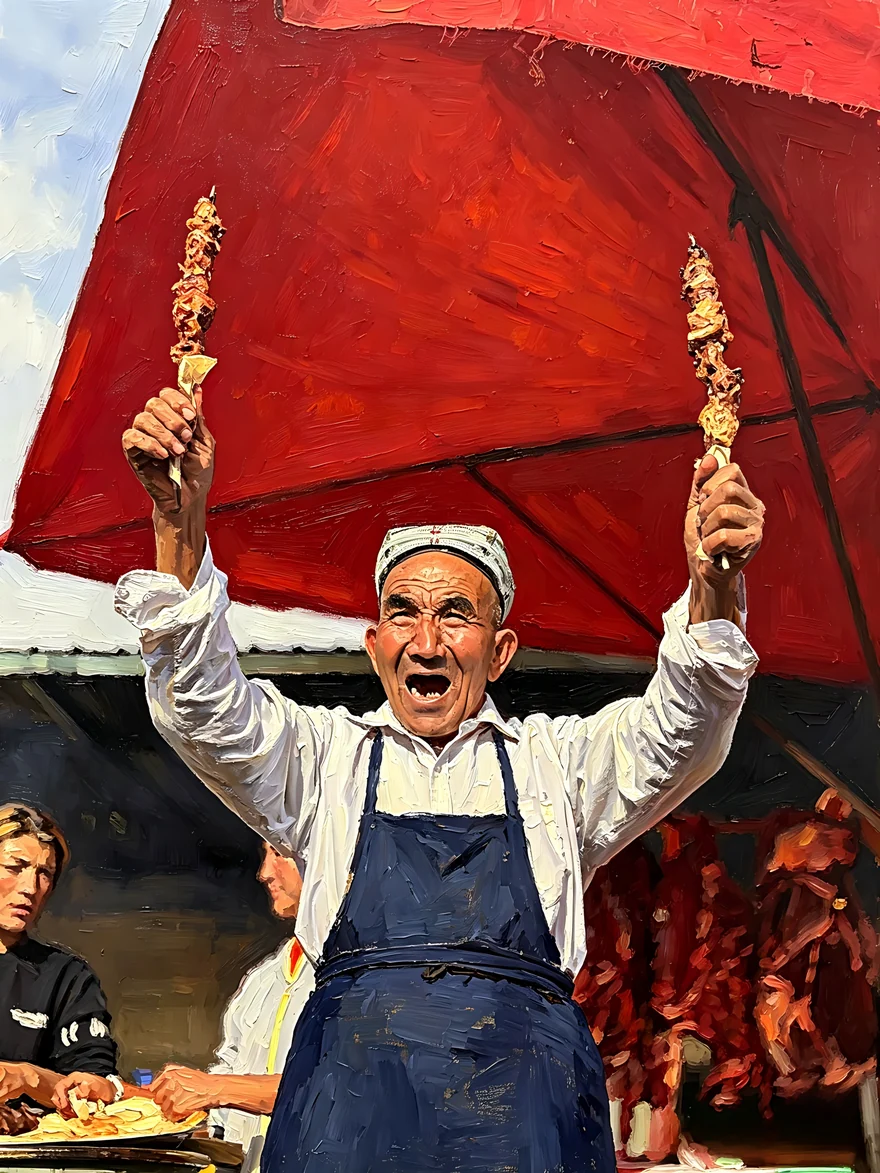 Portrait illustration of a smiling cook holding skewers beneath a red canopy; illustrative example