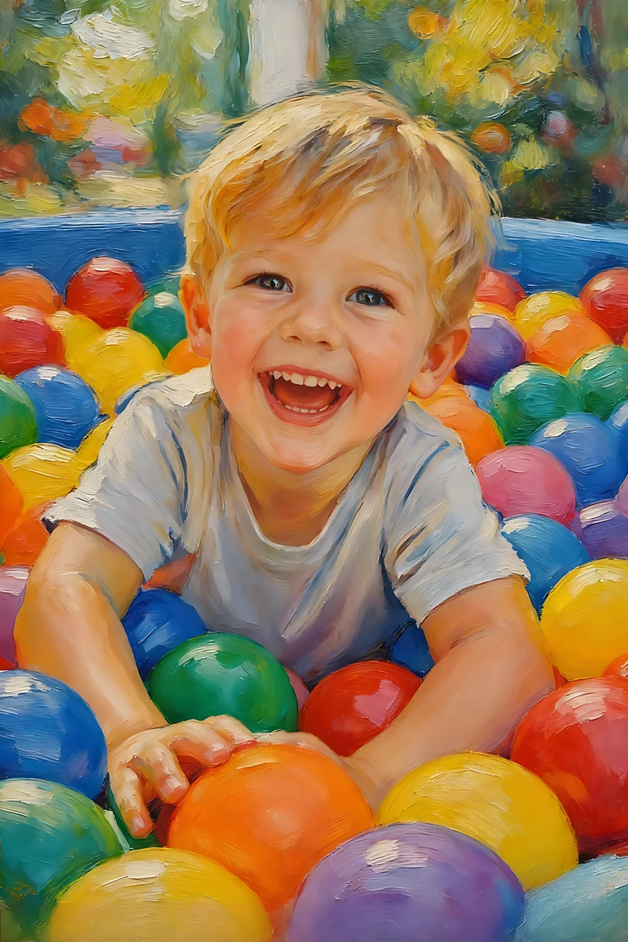 Portrait illustration of a laughing child in a colorful ball pit; illustrative example