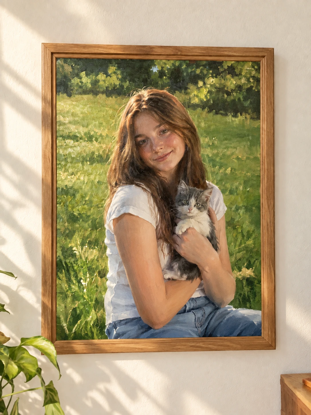 Oil painting of a girl holding a kitten, with a walnut frame